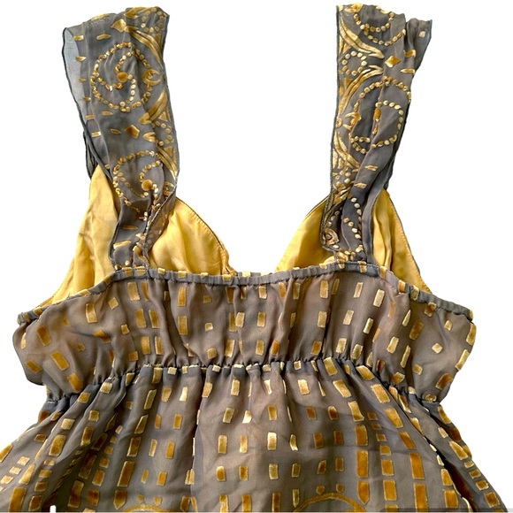 Hale Bob glam 90s taupe silk babydoll top gold beading embossed velvet, medium - Picture 4 of 7